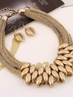 Womens Multi Strand Mesh Gold‎ Tone Pendant Necklace Earring Set